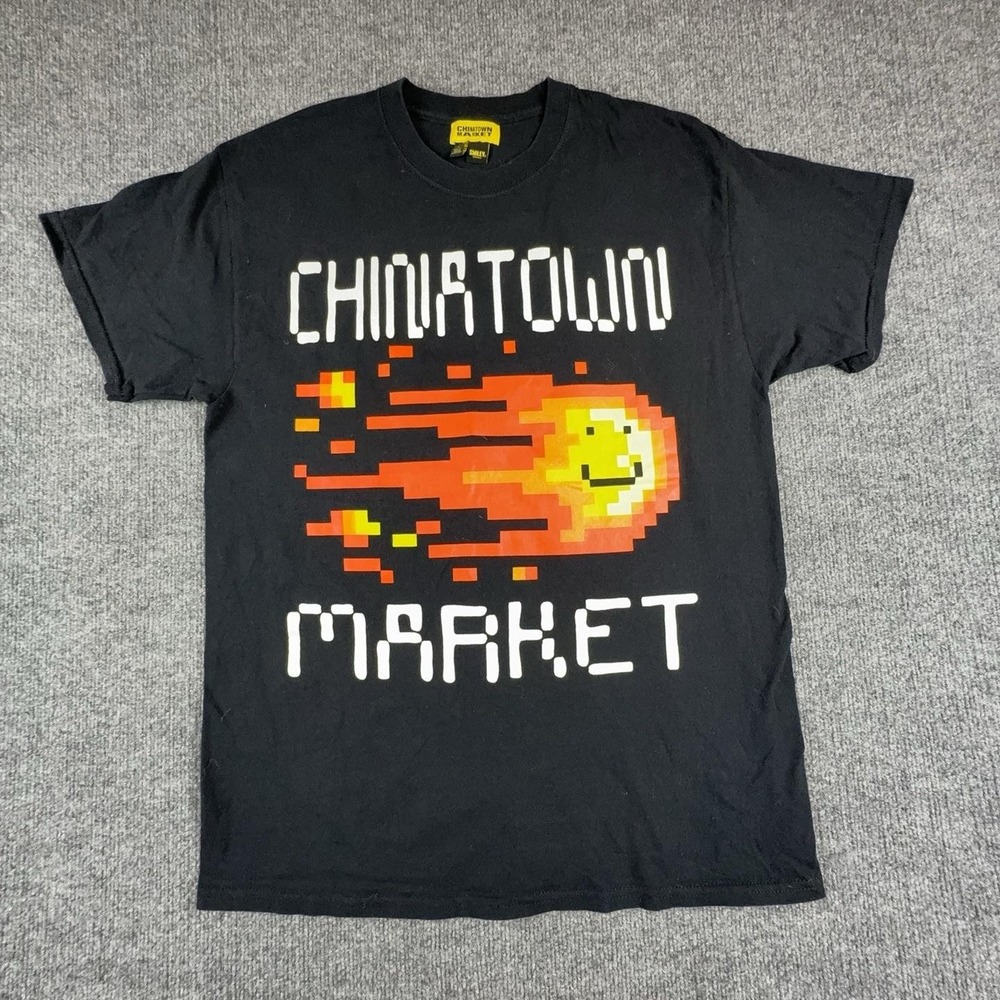 Chinatown Market Shirt Mens Large Black Smiley Fireball Pixel Graphic Tee